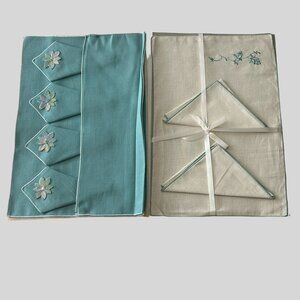 Vintage Timely Linens Napkin And Placemat Set Of 11 Floral Embroidery Cyan Ivory